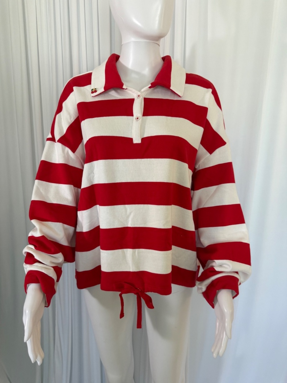G by Giuliana Striped Rugby Polo Top Cherry Detail Red White Pullover NWOT | XL - Picture 7 of 16